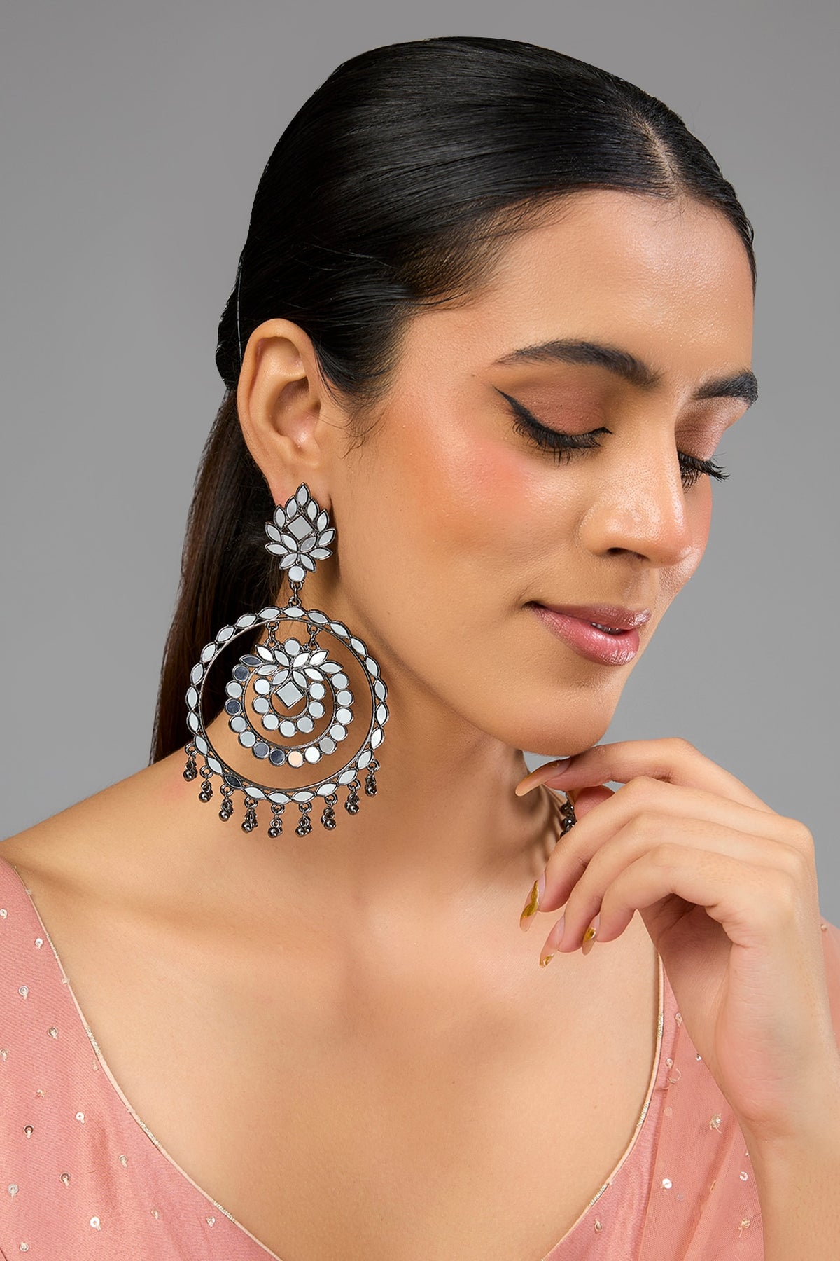 Silver Oxidised Finish Circular Drop Earrings