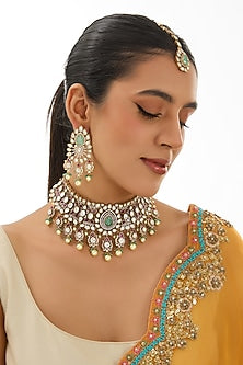 Two-Tone Finish Pearl & Blue Stone Necklace Set