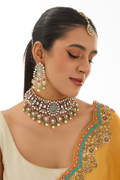 Two-Tone Finish Pearl & Blue Stone Necklace Set