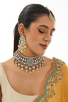 Two-Tone Finish Pearl & Blue Stone Necklace Set