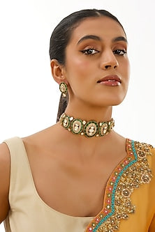 Two-Tone Finish Emerald Stone Beaded Choker Necklace Set