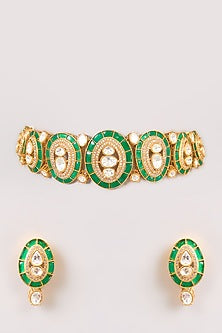 Two-Tone Finish Emerald Stone Beaded Choker Necklace Set