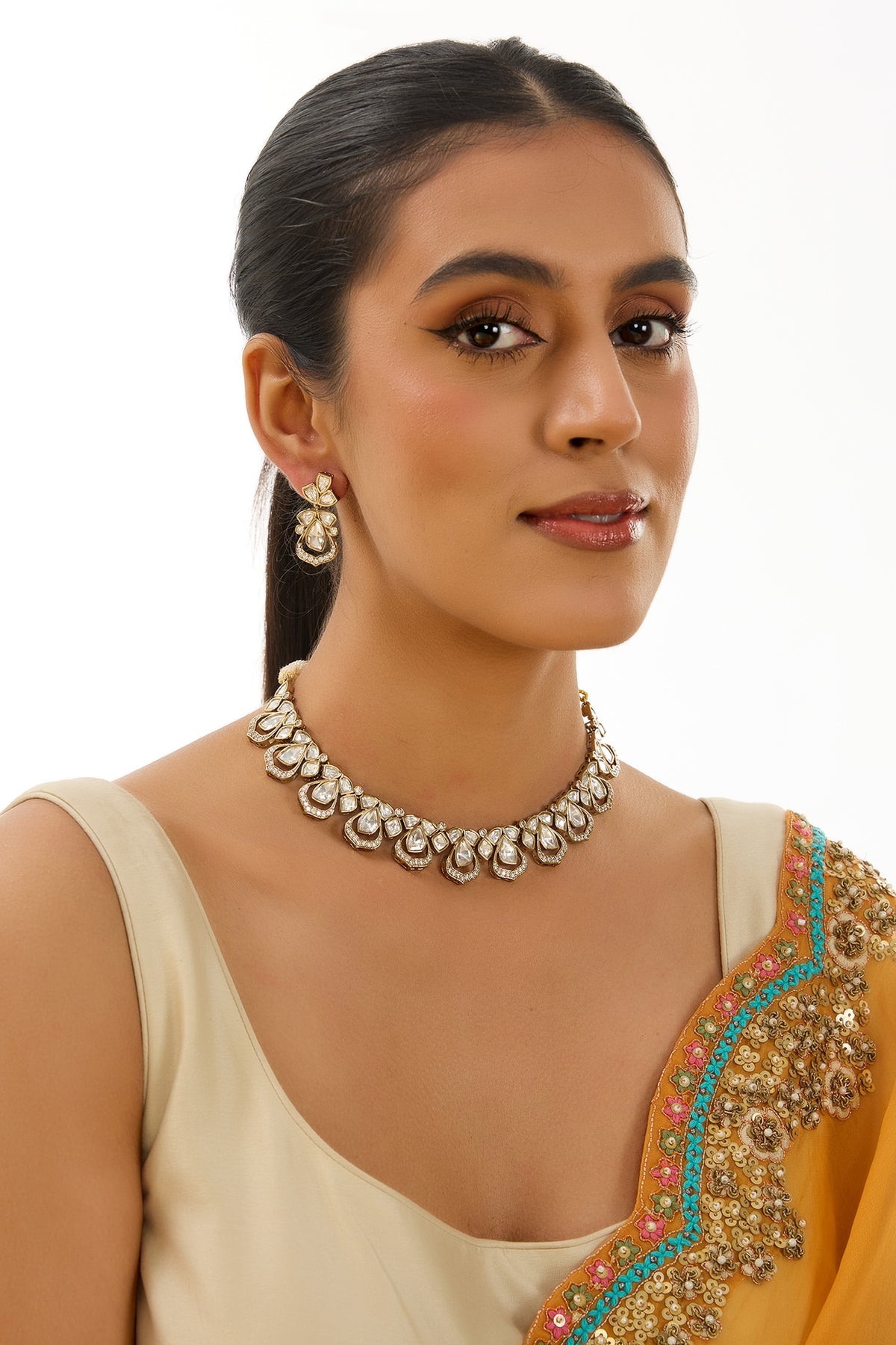 Gold Finish Kundan Polki Necklace Set