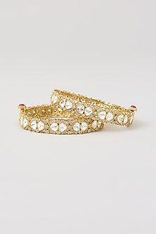 Gold Finish Kundan Polki & Beaded Enameled Bangles (Set of 2)