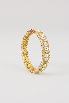 Gold Finish Kundan Polki & Beaded Enameled Bangles (Set of 2)