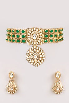 Gold Finish Kundan Polki & Green Stone Necklace Set