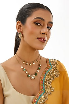 Gold Finish Kundan Polki & Green Stone Layered Necklace Set