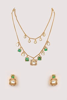 Gold Finish Kundan Polki & Green Stone Layered Necklace Set