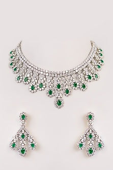 White Finish Kundan Polki & Emerald Green Stone Necklace Set