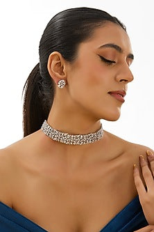White Finish Kundan Polki & Grey Stone Choker Necklace Set