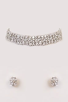 White Finish Kundan Polki & Grey Stone Choker Necklace Set