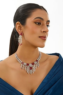 White Finish Kundan Polki & Red Stone Necklace Set