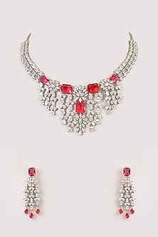 White Finish Kundan Polki & Red Stone Necklace Set