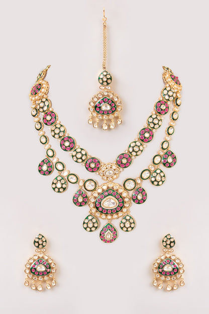Two-Tone Finish  Multi-Colored Stone Necklace Set