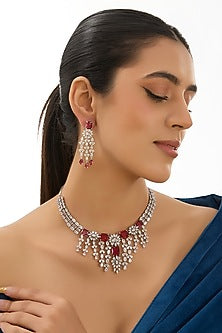 White Finish Red Zircon Necklace Set