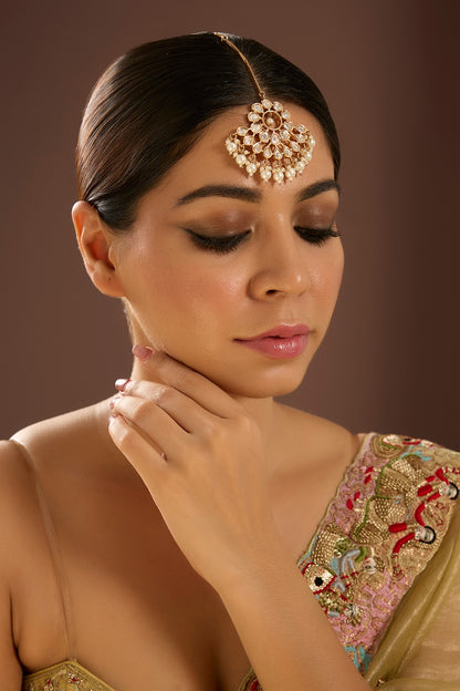 Gold Finish Kundan Polki & Pearl Maangtikka
