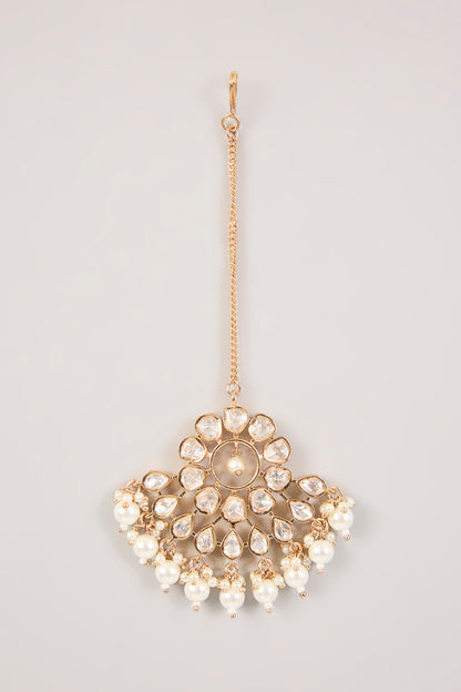 Gold Finish Kundan Polki & Pearl Maangtikka