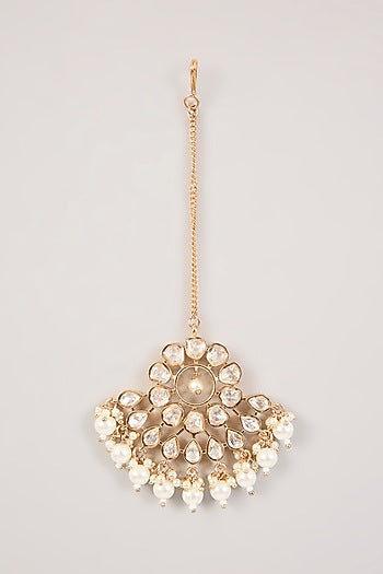 Gold Finish Kundan Polki & Pearl Maangtikka