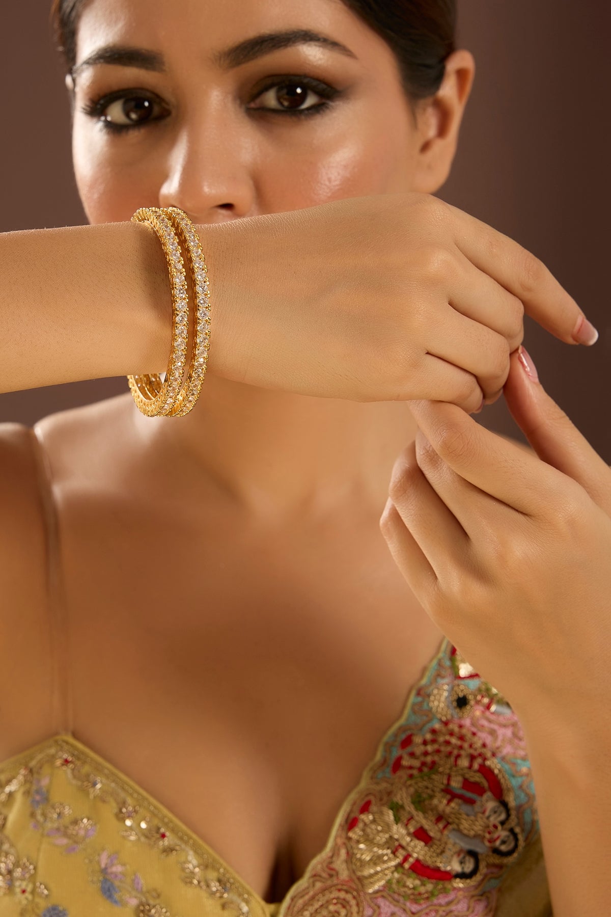 Gold Finish Kundan Polki & Pearl Bangles (Set Of 2)