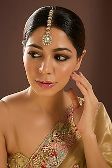 Antique Gold Finish Kundan Polki & Pearl Maangtikka