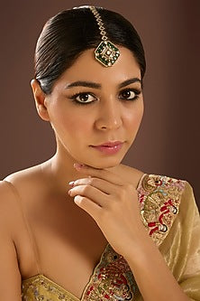 Gold Finish Kundan Polki & Green Gemstone Maangtikka