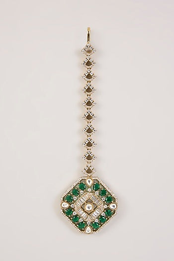 Gold Finish Kundan Polki & Green Gemstone Maangtikka