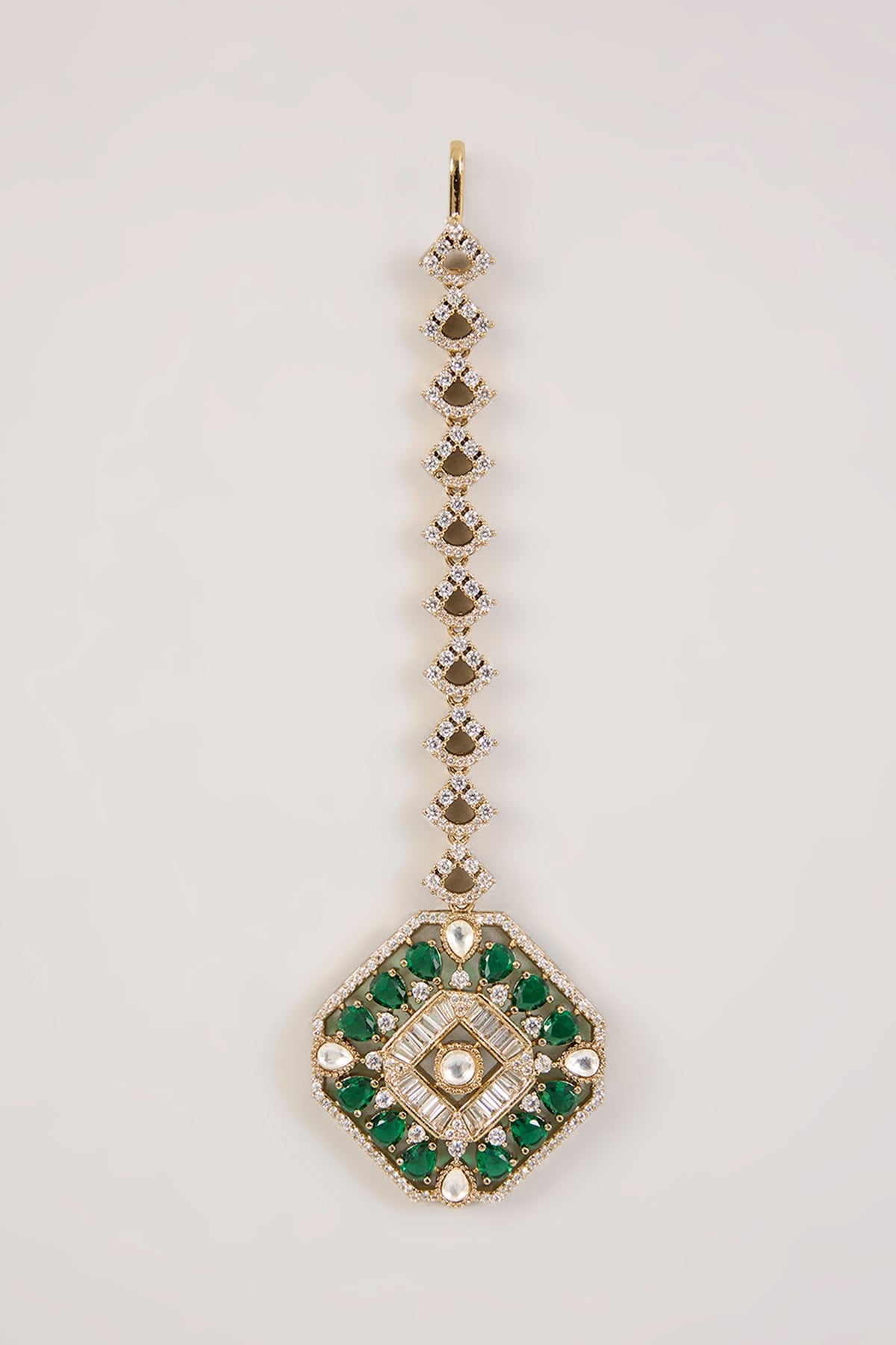 Gold Finish Kundan Polki & Green Gemstone Maangtikka