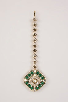 Gold Finish Kundan Polki & Green Gemstone Maangtikka