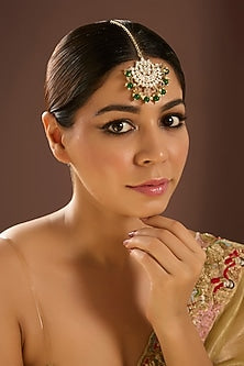Gold Finish Kundan Polki & Green Stone Maangtikka