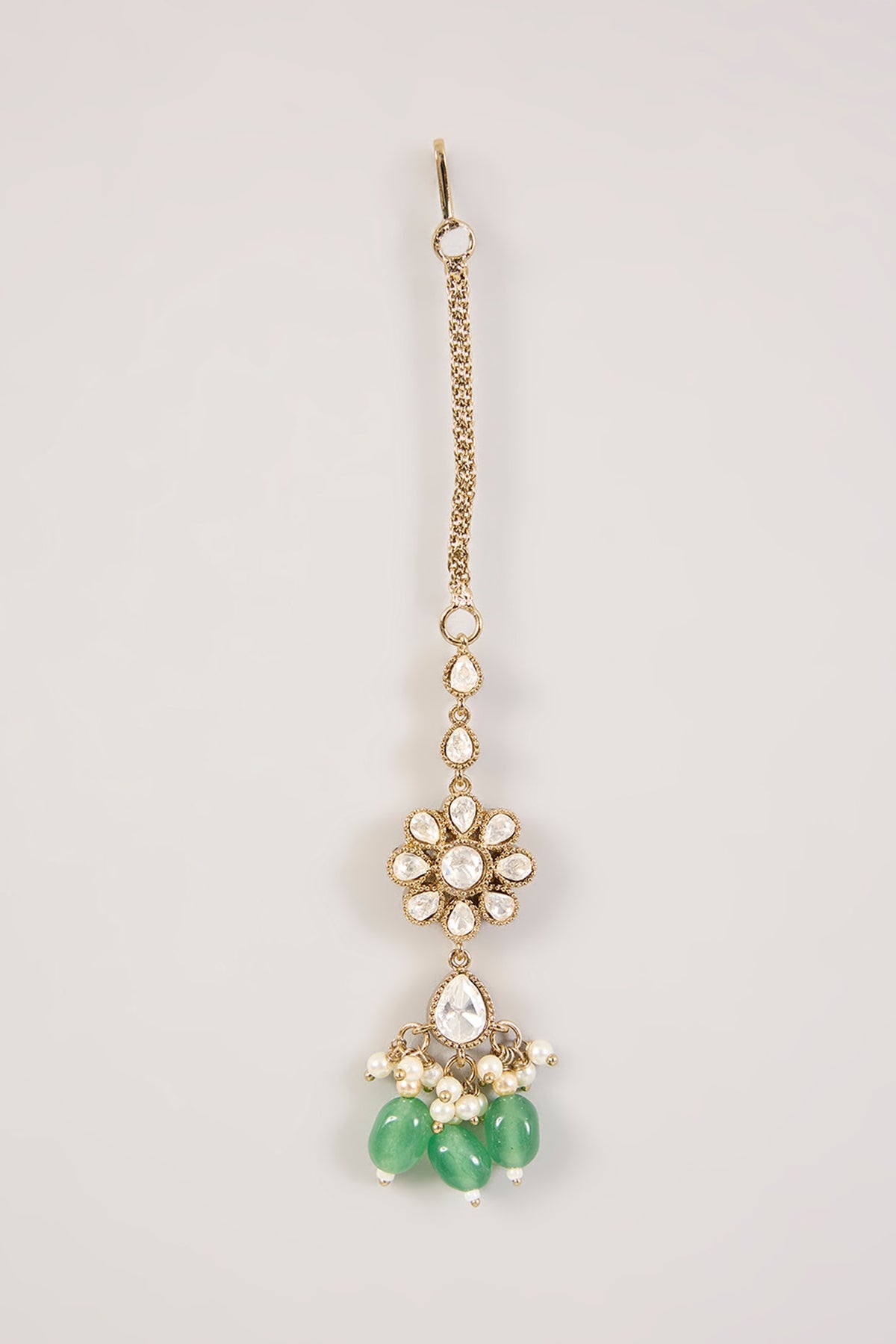 Gold Finish Kundan Polki & Green Gemstone Maangtikka