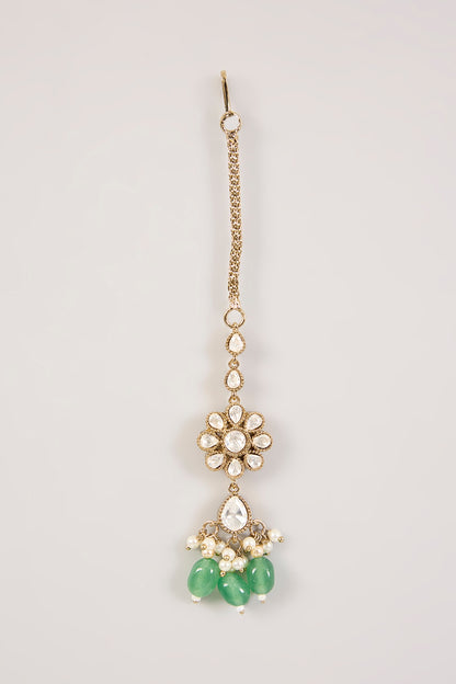 Gold Finish Kundan Polki & Green Gemstone Maangtikka