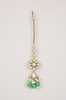 Gold Finish Kundan Polki & Green Gemstone Maangtikka