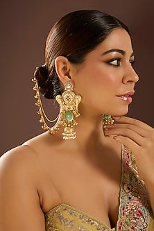 Gold Finish Kundan Polki & Green Stone Dangler Earrings
