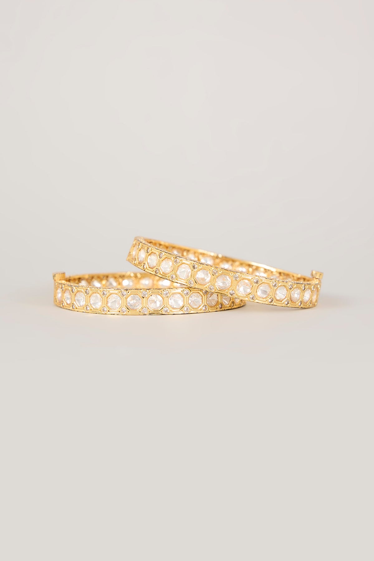 Gold Finish Kundan Polki & CZ Stone Bangles (Set Of 2)