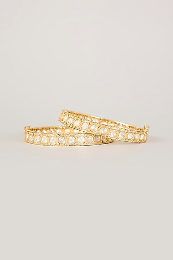 Gold Finish Kundan Polki & CZ Stone Bangles (Set Of 2)