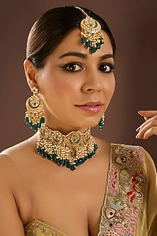 Gold Finish Kundan Polki & Green Beaded Choker Necklace Set