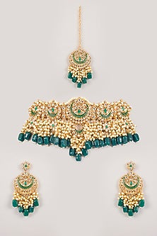 Gold Finish Kundan Polki & Green Beaded Choker Necklace Set