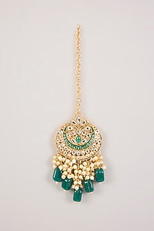 Gold Finish Kundan Polki & Green Beaded Choker Necklace Set