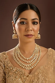 Gold Finish Kundan Polki Layered Necklace Set