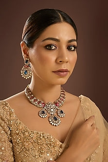 Gold Finish Kundan Polki & Ruby Stone Choker Necklace Set
