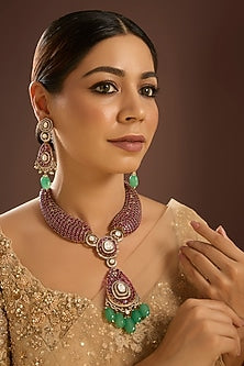 Gold Finish Emerald Drop & Ruby Beaded Handcrafted Choker Necklace Set
