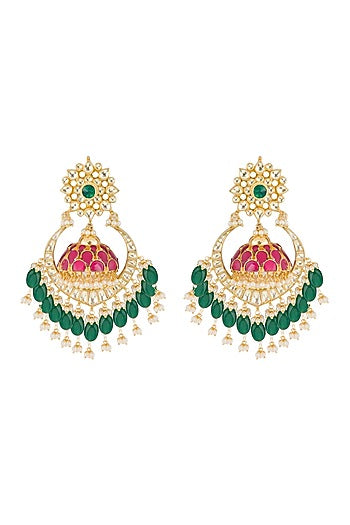 Gold Finish Red & Green Chandbali Earrings