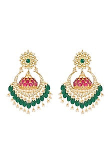 Gold Finish Red & Green Chandbali Earrings