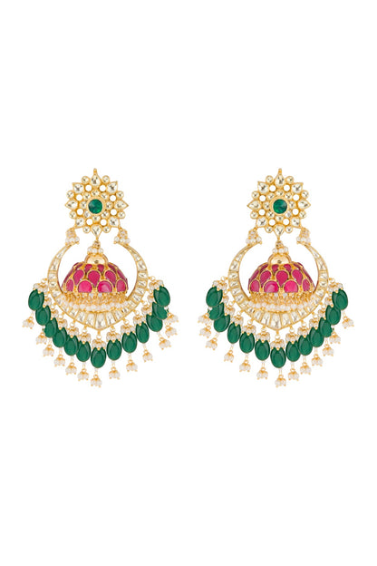Gold Finish Red & Green Chandbali Earrings