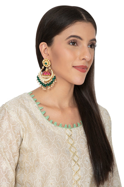 Gold Finish Red & Green Chandbali Earrings