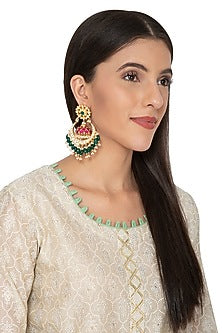 Gold Finish Red & Green Chandbali Earrings