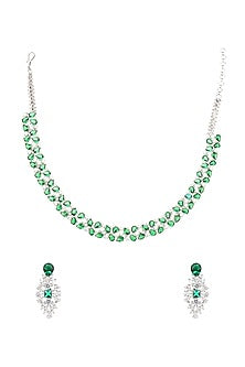 White Rhodium Finish Necklace Set With Green Diamonds