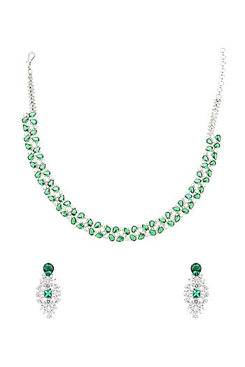 White Rhodium Finish Necklace Set With Green Diamonds