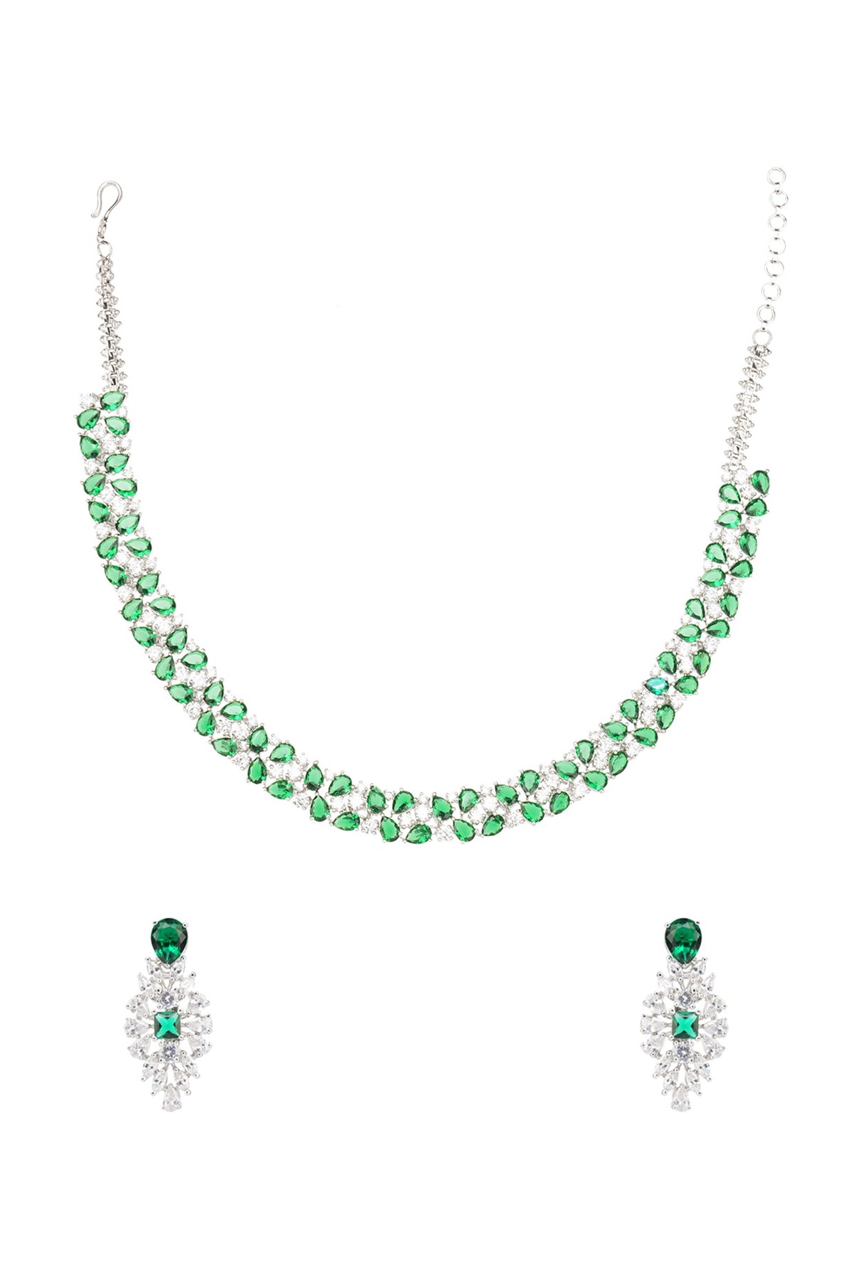 White Rhodium Finish Necklace Set With Green Diamonds