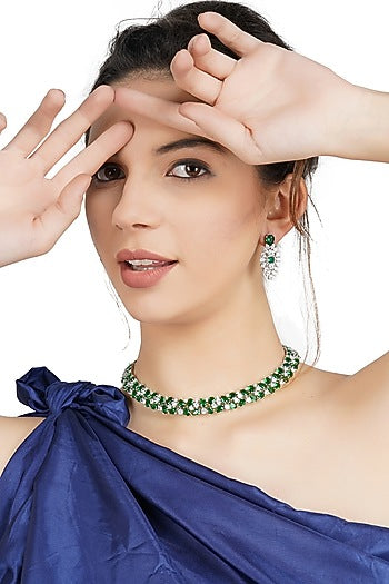 White Rhodium Finish Necklace Set With Green Diamonds